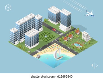 Set of Isolated High Quality Isometric City Elements on Blue Background