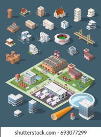 Set of Isolated High Quality Isometric City Elements . Harbor with Shadows on Dark Background