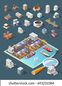 Set of Isolated High Quality Isometric City Elements . Harbor with Shadows on Dark Background