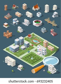 Set of Isolated High Quality Isometric City Elements . Harbor with Shadows on Dark Background