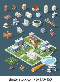 Set of Isolated High Quality Isometric City Elements . Harbor with Shadows on Dark Background