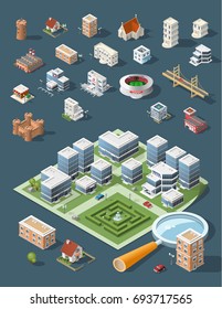 Set of Isolated High Quality Isometric City Elements . Harbor with Shadows on Dark Background