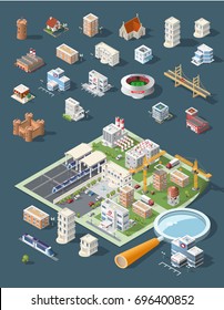 Set of Isolated High Quality Isometric City Elements . Harbor with Shadows on Dark Background