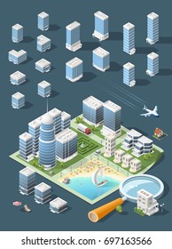 Set of Isolated High Quality Isometric City Elements . Harbor with Shadows on Dark Background