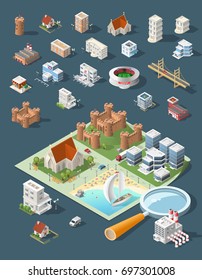 Set of Isolated High Quality Isometric City Elements . Harbor with Shadows on Dark Background