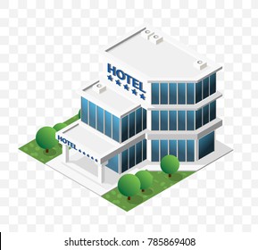 Set of Isolated High Quality Isometric City Elements. Hotel on Transparent Background