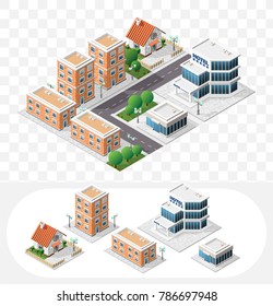 Set of Isolated High Quality Isometric City Elements on Transparent Background