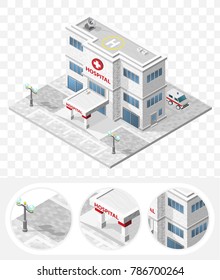 Set of Isolated High Quality Isometric City Elements . Hospital on Transparent Background