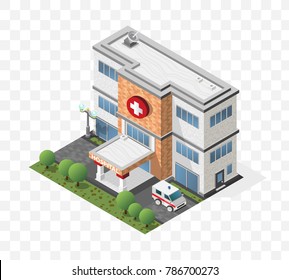 Set of Isolated High Quality Isometric City Elements . Hospital on Transparent Background