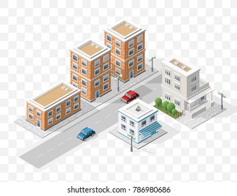 Set of Isolated High Quality Isometric City Elements on Transparent Background