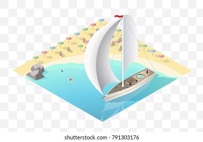 Set of Isolated High Quality Isometric Beach Elements on Transparent Background
