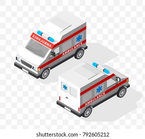 Set of Isolated High Quality Isometric City Elements. Ambulance with Shadows on Transparent Background