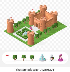 Set of Isolated High Quality Isometric Medieval Elements. Castle on White Background