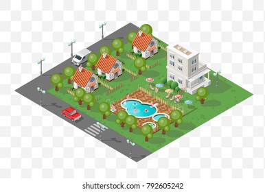Set of Isolated High Quality Isometric City Elements. Cottages with Swimming Pool on Transparent Background