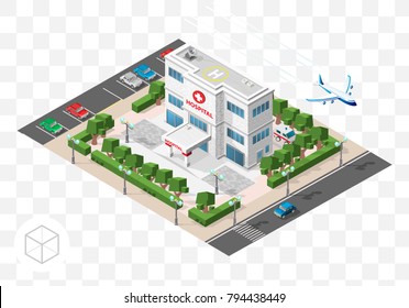 Set of Isolated High Quality Isometric City Elements . Hospital on Transparent Background