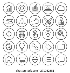 Set of Isolated High Quality Universal Standard Minimal Simple Black Thin Line SEO and Development Icons on Circular Buttons on White Background.