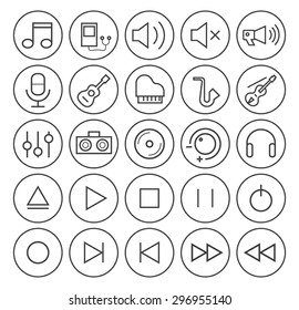 Set of Isolated High Quality Universal Standard Minimal Simple Black Thin Line Music Icons on Circular Buttons on White Background.