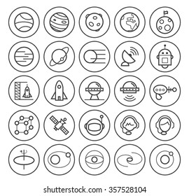 Set of Isolated High Quality Universal Standard Minimal Simple Black Thin Line Space Icons on Circular Buttons on White Background.