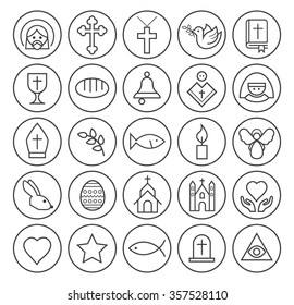 Set of Isolated High Quality Universal Standard Minimal Simple Black Thin Line Christian Icons on Circular Buttons on White Background.