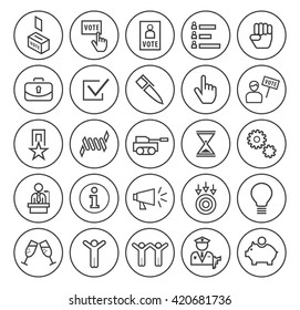 Set of Isolated High Quality Universal Standard Minimal Simple Black Thin Line Political Icons on Circular Buttons on White Background.
