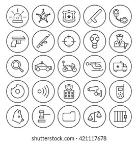 Set of Isolated High Quality Universal Standard Minimal Simple Black Thin Line Police Icons on Circular Buttons on White Background.