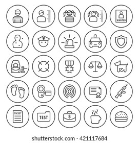 Set of Isolated High Quality Universal Standard Minimal Simple Black Thin Line Police Icons on Circular Buttons on White Background.