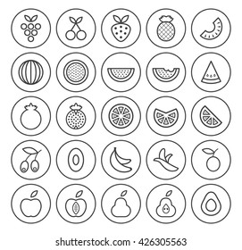 Set of Isolated High Quality Universal Standard Minimal Simple Black Thin Line Fruit Icons on Circular Buttons on White Background.
