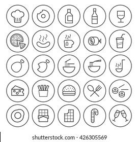 Set of Isolated High Quality Universal Standard Minimal Simple Black Thin Line Food Icons on Circular Buttons on White Background.