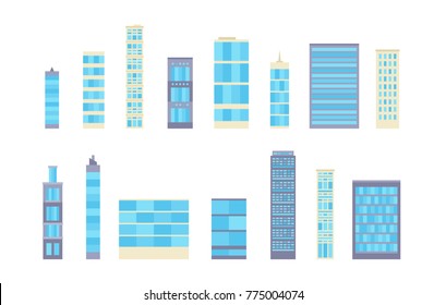 Set of isolated high urban buildings for big city landscape. Minimal 2D vector cartoon flat style skyline template with tall skyscraper