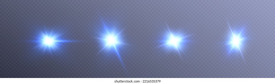 Set of isolated highlights in blue. Glowing realistic glare for design work. Twinkling stars.