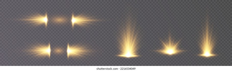 Set of isolated highlights in yellow. Glowing realistic glare effects for design work. Twinkling stars.
