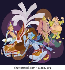 Set of isolated hindu gods meditation in yoga poses lotus and Goddess hinduism religion, traditional asian culture spiritual mythology, deity worship festival vector illustrations, T-shirt concepts