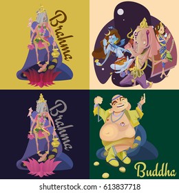 Set of isolated hindu gods meditation in yoga poses lotus and Goddess hinduism religion, traditional asian culture spiritual mythology, deity worship festival vector illustrations, T-shirt concepts