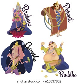 Set of isolated hindu gods meditation in yoga poses lotus and Goddess hinduism religion, traditional asian culture spiritual mythology, deity worship festival vector illustrations, T-shirt concepts