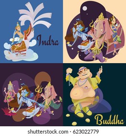 Set of isolated hindu gods meditation in yoga poses lotus and Goddess hinduism religion, traditional asian culture spiritual mythology, deity worship festival vector illustrations, T-shirt concepts