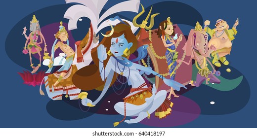 Set of isolated hindu gods meditation in yoga poses lotus and Goddess hinduism religion, traditional asian culture spiritual mythology, deity worship festival vector illustrations, T-shirt concepts