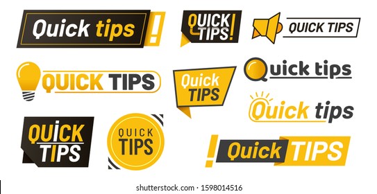 Set of isolated hints icons or tips with lamp, idea lightbulbs and megaphone with exclamation sign, logo for quick advice or tricks, education solution or faq flat design. Suggestion, help information