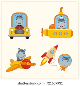 Set of isolated hippo in various transport: airplane, submarine, car, space rocket in cartoon style. 