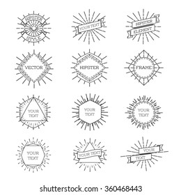 Set of isolated hipster style frame with sunburst and ribbons. Line labels frames  