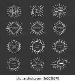 Set of isolated hipster style white frame with sunburst and ribbons. Line labels frames