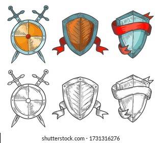 Set of isolated historical shields with ribbons and swords. Round defence icon or sign, medieval weapon, vintage metallic armor. Logo or emblem, crest for protection and guard, security and safety