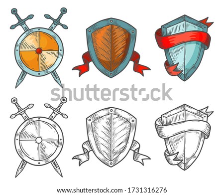 Set of isolated historical shields with ribbons and swords. Round defence icon or sign, medieval weapon, vintage metallic armor. Logo or emblem, crest for protection and guard, security and safety