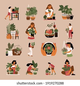 Set of isolated home plants color icons with doodle female gardener characters and flowers in pots vector illustration