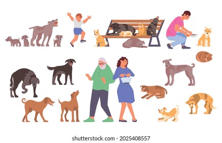 Set of isolated homeless animals flat icons with characters of scared people and stray dogs images vector illustration