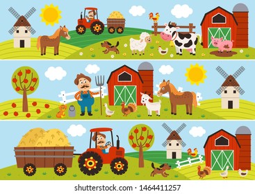 set of isolated horizontal banners with farmer and pets - vector illustration, eps    