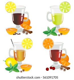 Set of isolated hot drinks. Alcoholic and nonalcoholic hot drinks. Vector illustration.