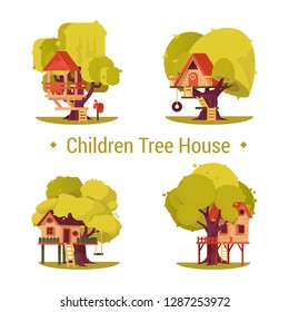 Set of isolated houses for children on trees. Kids hut at yard or forest. Kinder construction with seesaw and mailbox, tyre and ladder. Preschool treehouse for boys and girls. People activity, summer