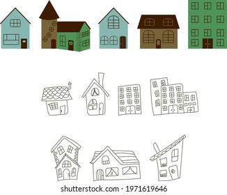 Set of isolated houses drawing by hand in outline style and modern abstract flat style