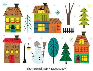 set of isolated houses and tree in winter time - vector illustration, eps