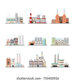 Set of isolated huge or big power stations. Heavy industry chemical plants and power factory. Constructions or buildings with chimney and pipe. Engineering and architecture,technology and hazard theme